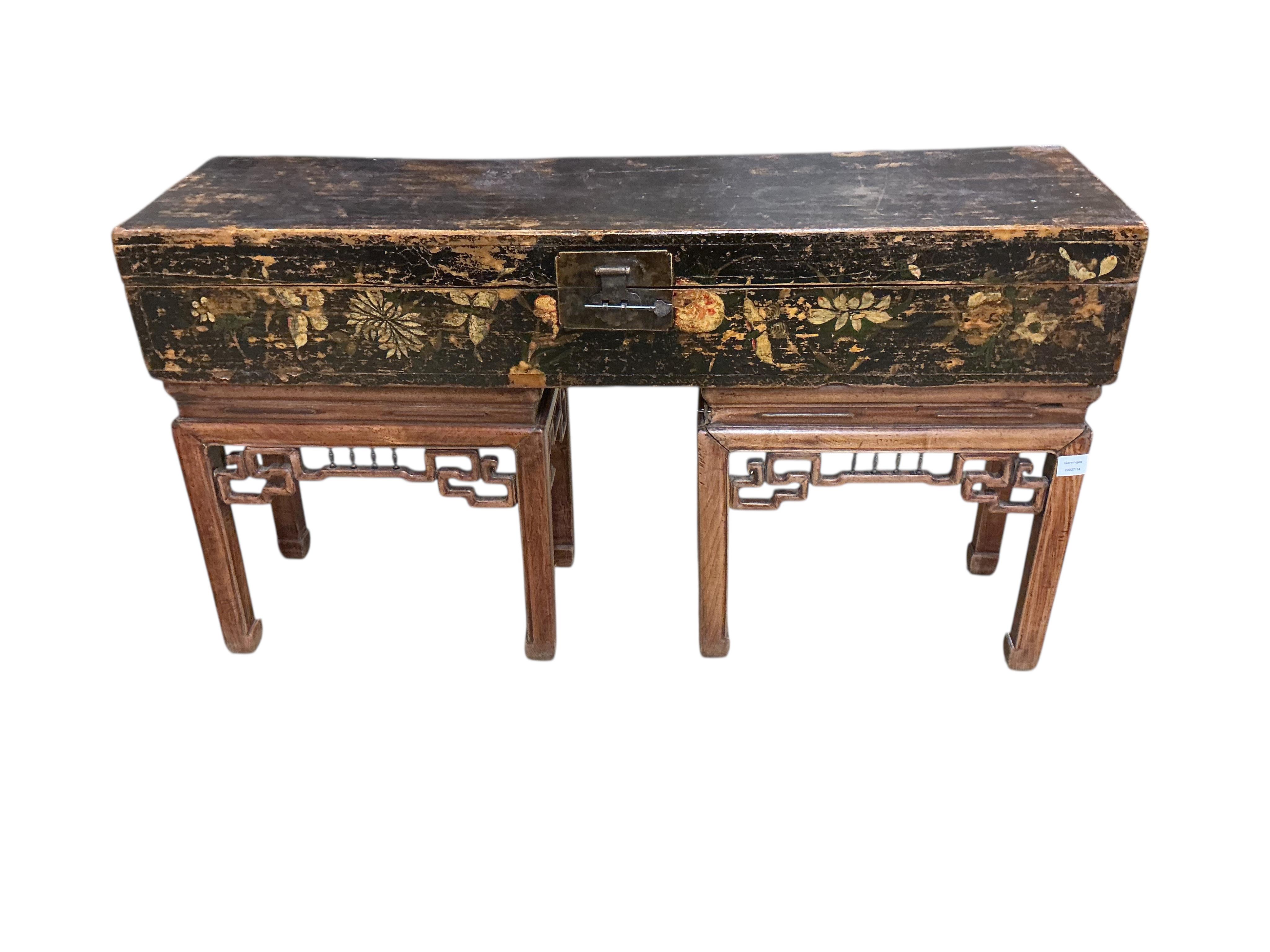 A Chinese painted box on associated rosewood stand, width 128cm, depth 35cm, height 72cm